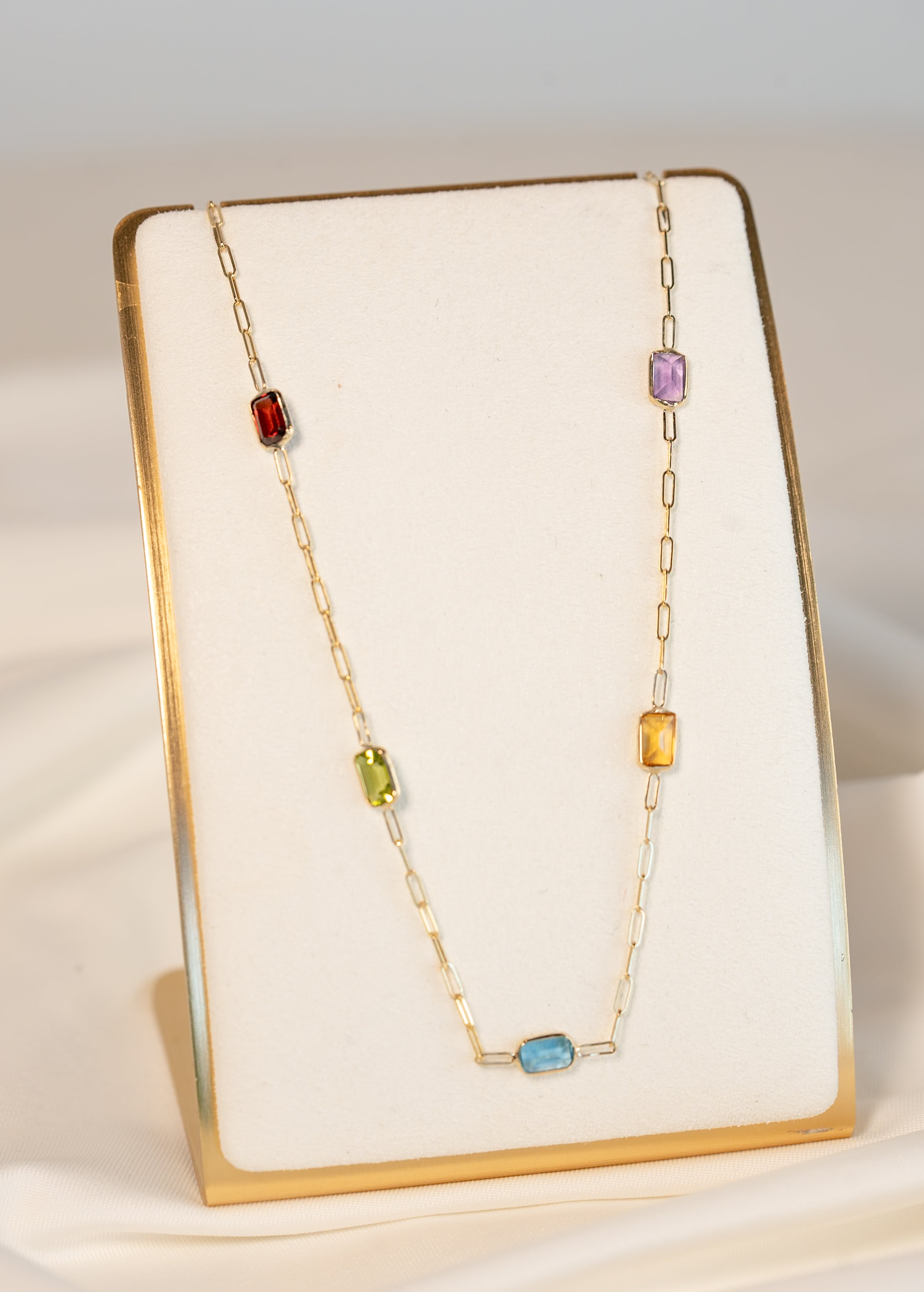14K Gold Cable Necklace with Gemstones